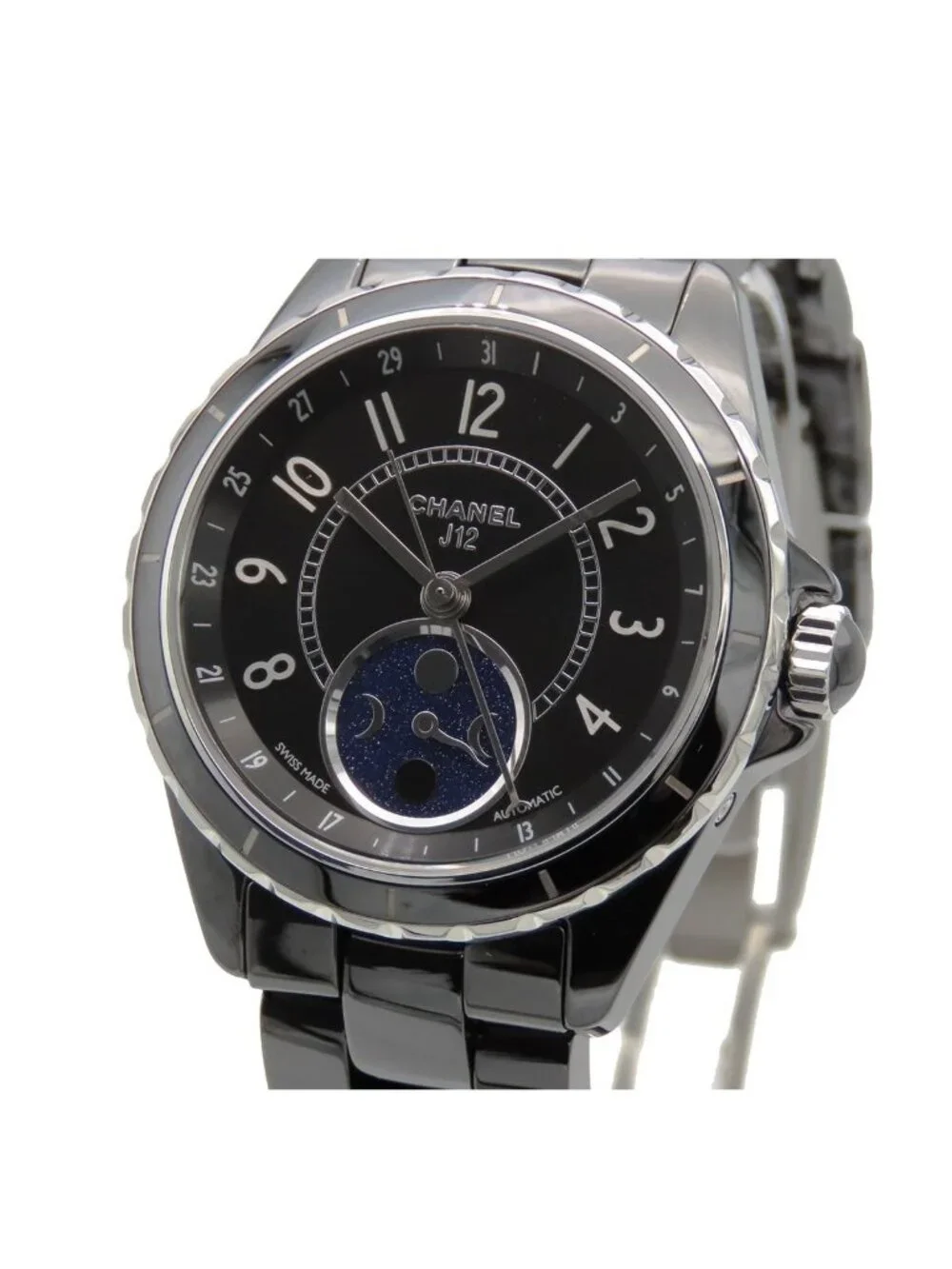 Chanel Furs de Lune Black Ceramic SS Moon Phase Watch Automatic
